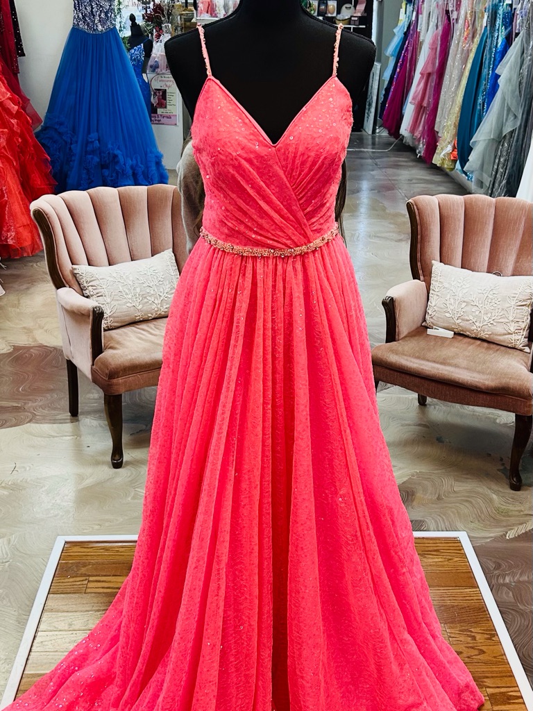 Stylish Coral Pink Spaghetti-Strap Evening Gown